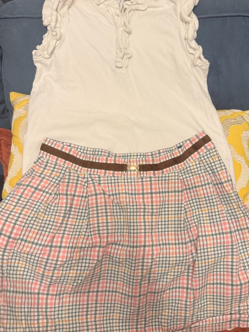 Janie and Jack Pink, Green & White Plaid Skirt and White Shirt